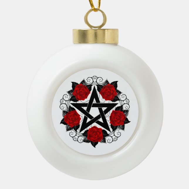 Pentagramm mit Rote Rosen Keramik Kugel-Ornament (Vorderseite)