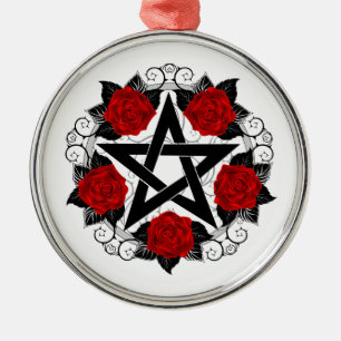 Pentagramm mit Rote Rosen Ornament Aus Metall