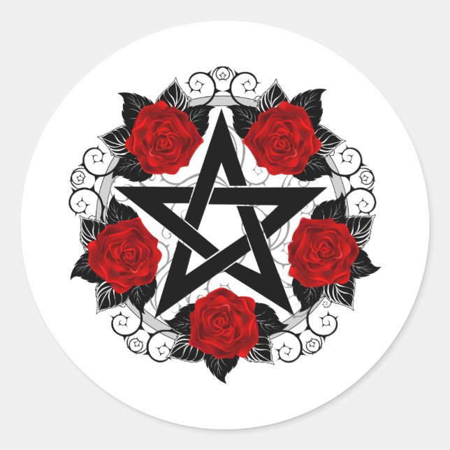Pentagramm mit Rote Rosen Runder Aufkleber (Vorderseite)