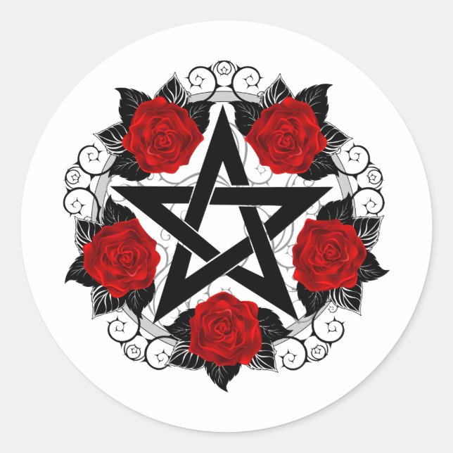 Pentagramm mit Rote Rosen Runder Aufkleber (Vorderseite)