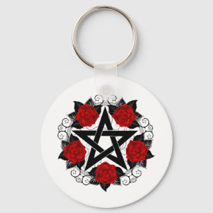 Pentagramm mit Rote Rosen Schlüsselanhänger