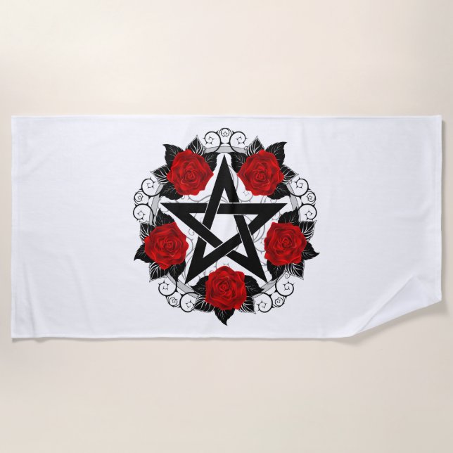Pentagramm mit Rote Rosen Strandtuch (Vorderseite)