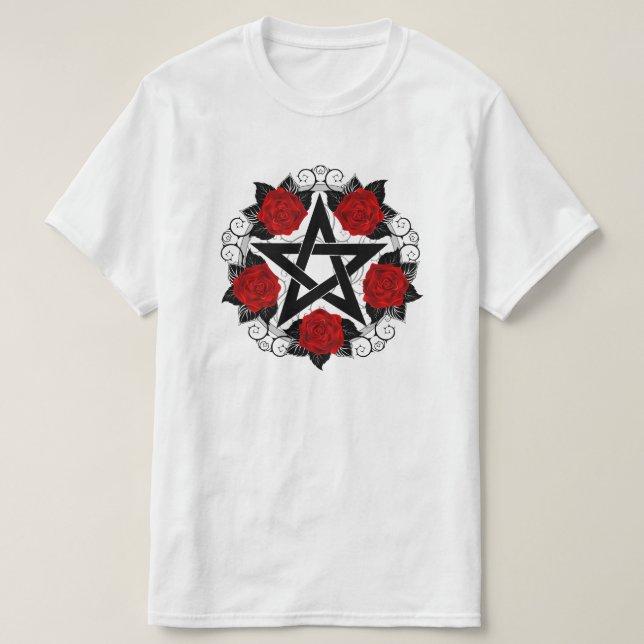 Pentagramm mit Rote Rosen T-Shirt (Design vorne)