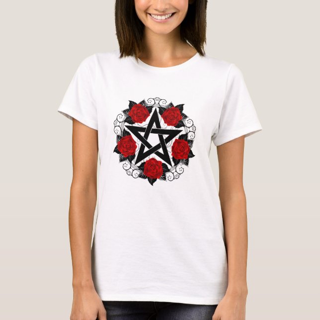 Pentagramm mit Rote Rosen T-Shirt (Vorderseite)