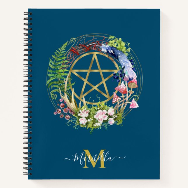 Pentagramm Natureath Blume Bohemisch Monogramm Notizbuch (Vorderseite)