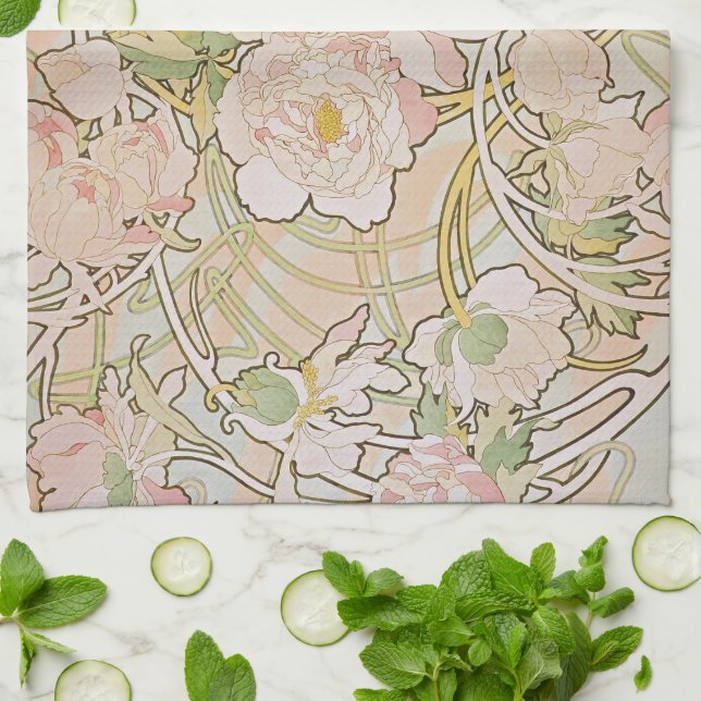 Peonies Abstrakt Pattern Alphonse Mucha Handtuch (Gefaltet)