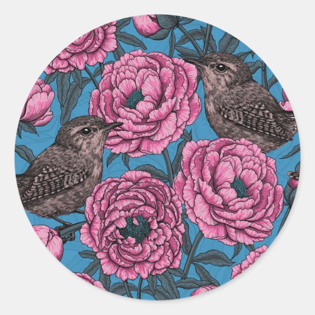 Peonies and wrens on blue runder aufkleber (Vorderseite)