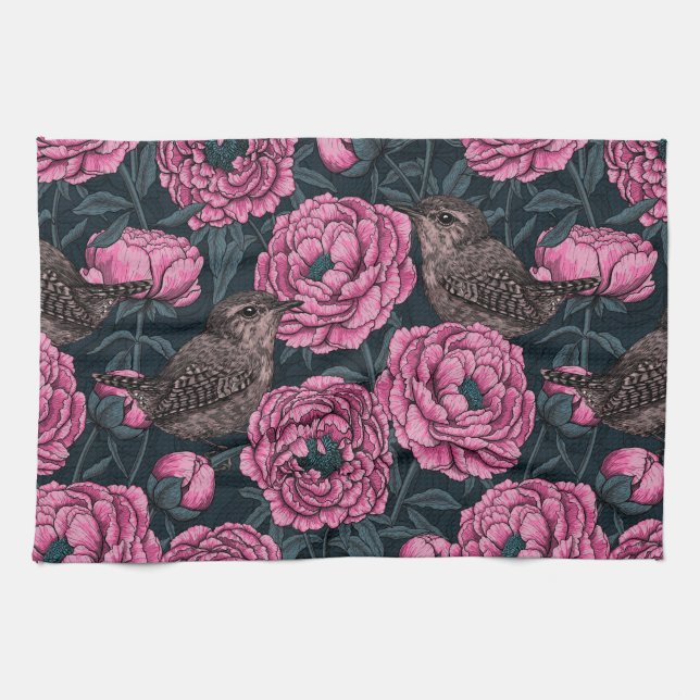 Peonies and wrens on dark gray geschirrtuch (Horizontal)