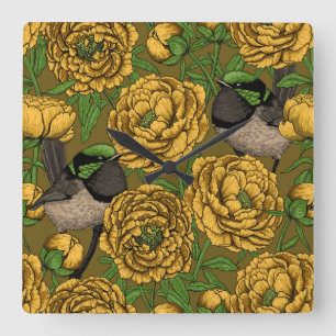 Peonies and wrens quadratische wanduhr