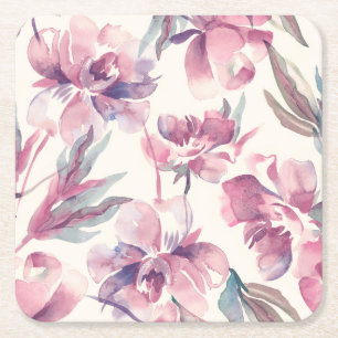Peonies Aquarell: nahtlos blühender Hintergrund. Rechteckiger Pappuntersetzer