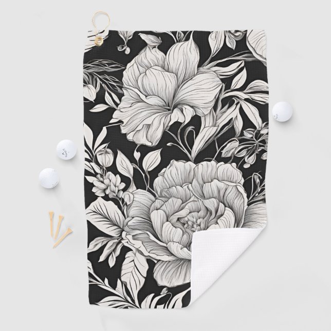 Peonies Black & White Vintage Pattern Golfhandtuch (Insitu)