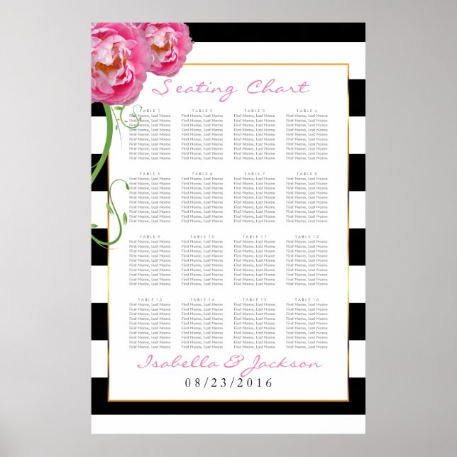 Peonies-Blume auf Black & White -16 Seating Chart Poster (Vorne)