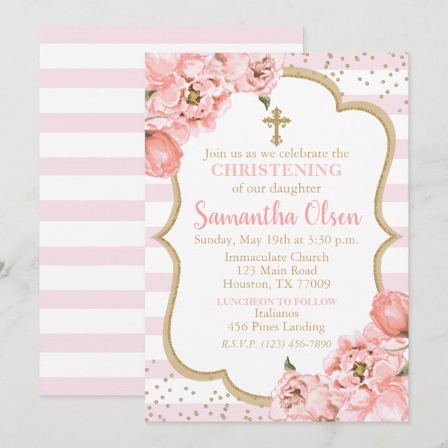 Peonies Blush Pink & Gold Christening Einladung (Vorne/Hinten)