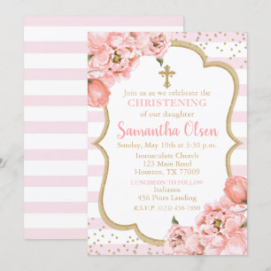 Peonies Blush Pink & Gold Christening Einladung