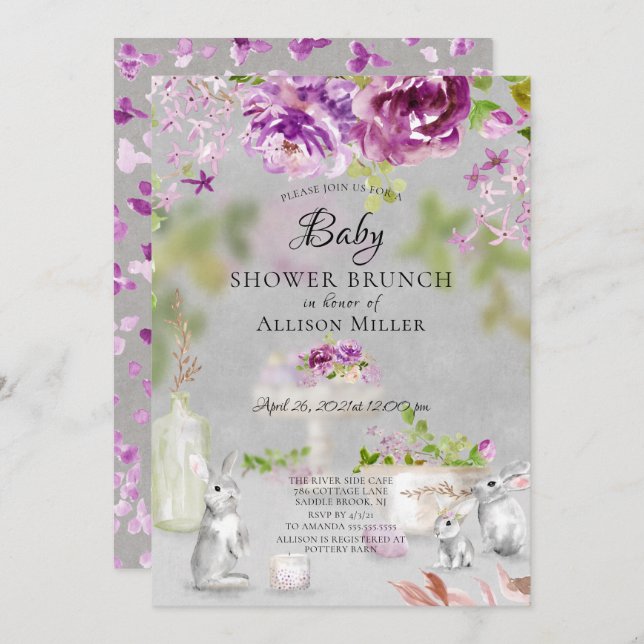 Peonies & Bunny Baby Dusche Brunch Einladung (Vorne/Hinten)