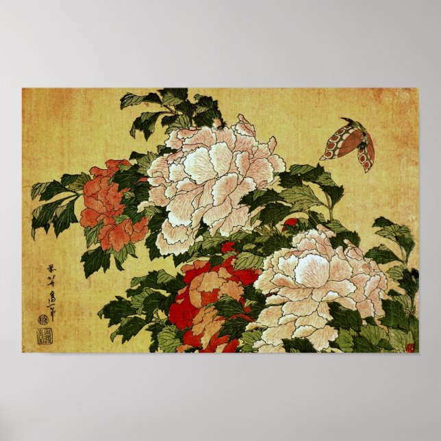 Peonies & Butterflies Hokusai japanische Kunstkuns Poster (Vorne)