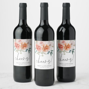 Peonies Coral Peach Florals Cheers Wedding Weinetikett