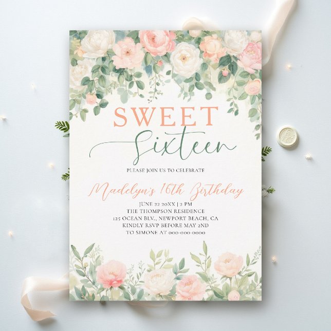 Peonies Floral Peach Pink Script Elegant Sweet 16 Einladung (sweet sixteen birthday party invitation peony floral peach pink green script elegant classy)