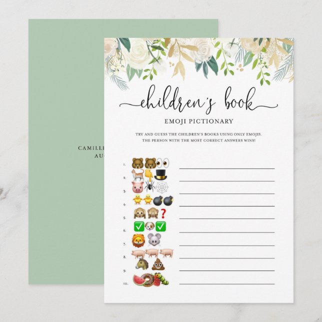 Peonies Gold Emoji Pictionary Baby Showspiel Einladung (Vorne/Hinten)