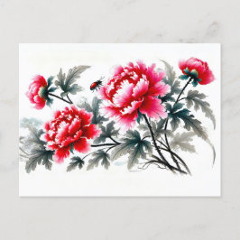 Peonies in Red Asian Tinainting Feiertagspostkarte