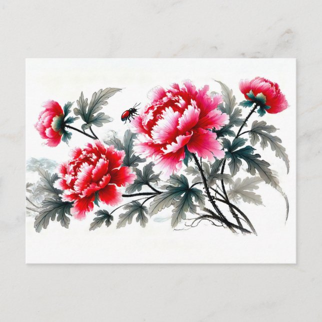 Peonies in Red Asian Tinainting Feiertagspostkarte (Vorderseite)