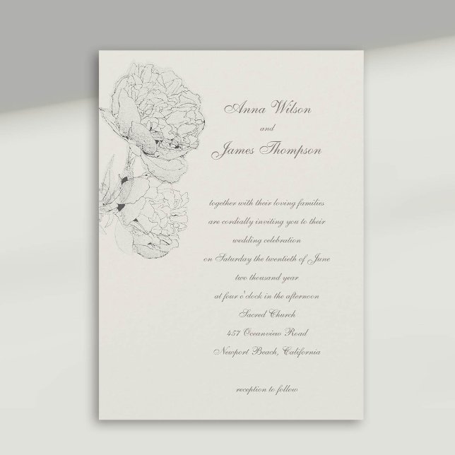 Peonies Ink Sketch Ecru formale kalligraphische Ho Einladung (peony wedding invitation large blooms ink sketch ecru white formal calligraphy modern classic)