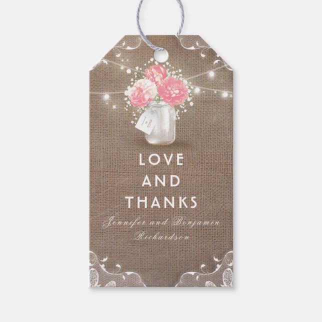 Peonies Mason Jar Rustic Burlap Wedding Geschenkanhänger (Vorderseite)