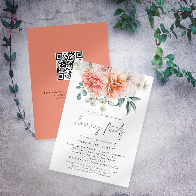 Peonies Peach Koral Qr Code Hochzeiten Abend Party Einladung (Front and back view)