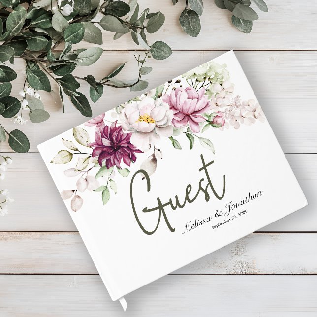 Peonies Pink Burgundy Floral Elegante Hochzeit Gästebuch (Von Creator hochgeladen)