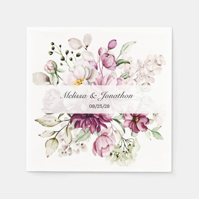 Peonies Pink Burgundy Floral Romantische Hochzeit Serviette (Vorderseite)