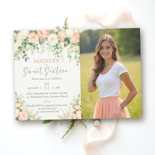 Peonies Pink Peach Elegant Script Photo Sweet 16 I Einladung (sweet sixteen birthday invitation peony floral peach pink green script elegant classy photo chic)