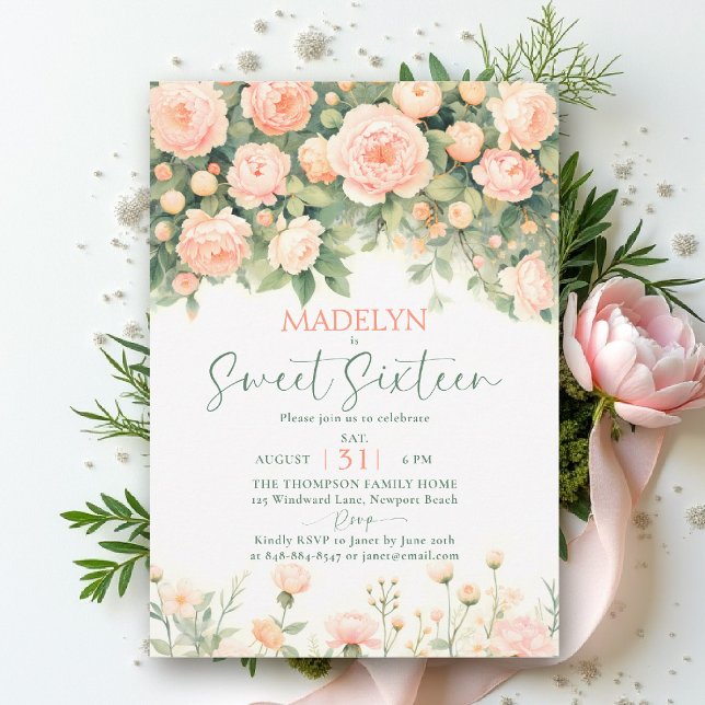 Peonies Pink Peach Script Elegant Floral Sweet 16 Einladung (sweet sixteen birthday invitation peony floral peach pink green script elegant classy chic)