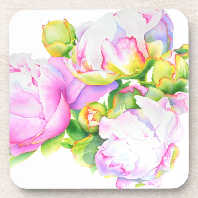Peonies, rosa, weiß, Aquarellmalerei Untersetzer (Vorderseite)