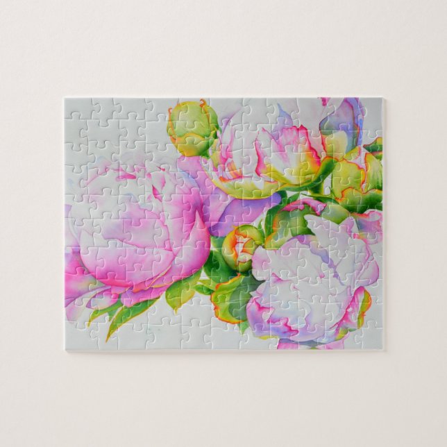 Peonies, rosa, weiß, blühende Aquarellbilder Puzzle (Horizontal)