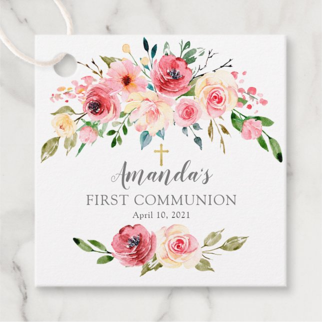 Peonies Rose Floral Erste Heilige Kommune Geschenkanhänger (Vorderseite)