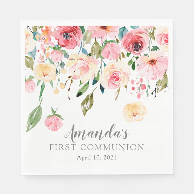 Peonies Rose Floral First Communation Serviette (Vorderseite)