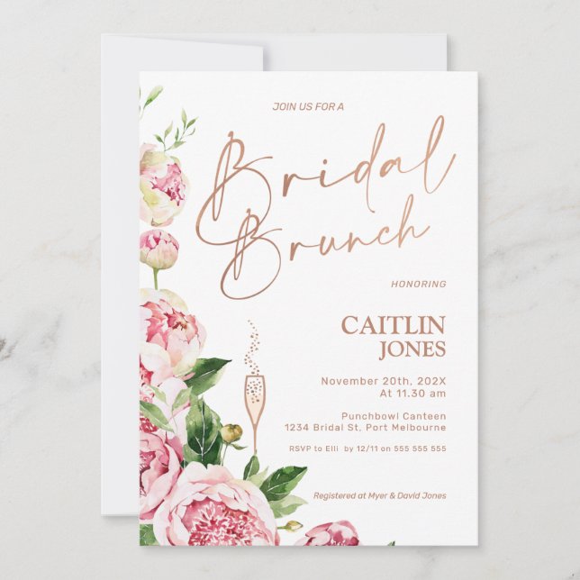 Peonies Rose Gold Bridal Brunch Brunch Dusche Einladung (Vorderseite)