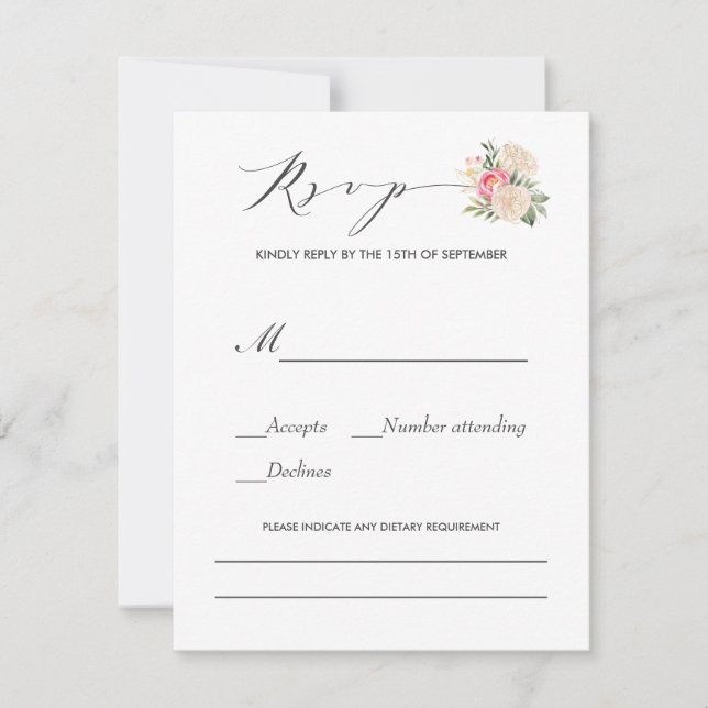 Peonies Typografy dietary Requirements Hochzeit RSVP Karte (Vorderseite)