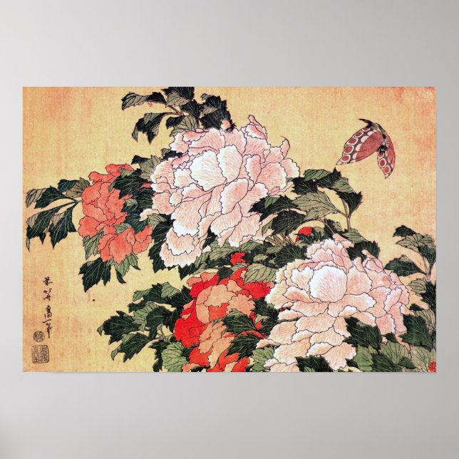 Peonies und Butterfly Hokusai Poster (Vorne)