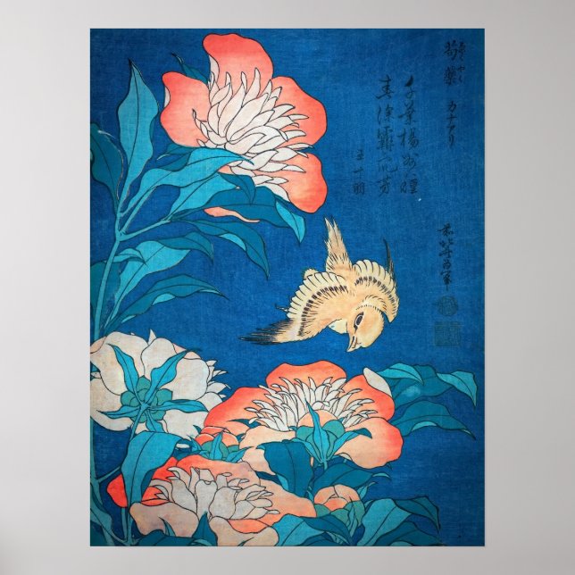 Peonies und Kanarische von Hokusai Poster (Vorne)