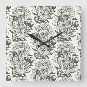 Peonies und Schmetterlinge blockieren Druck, schwa Quadratische Wanduhr