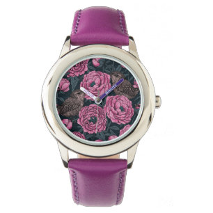 Peonies und Warnen auf dunkelgrau Armbanduhr