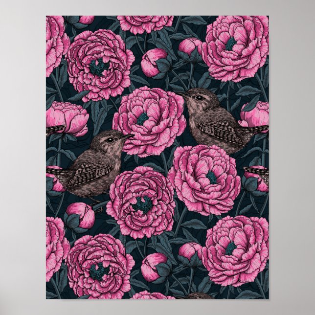 Peonies und Warnen auf dunkelgrau Poster (Vorne)