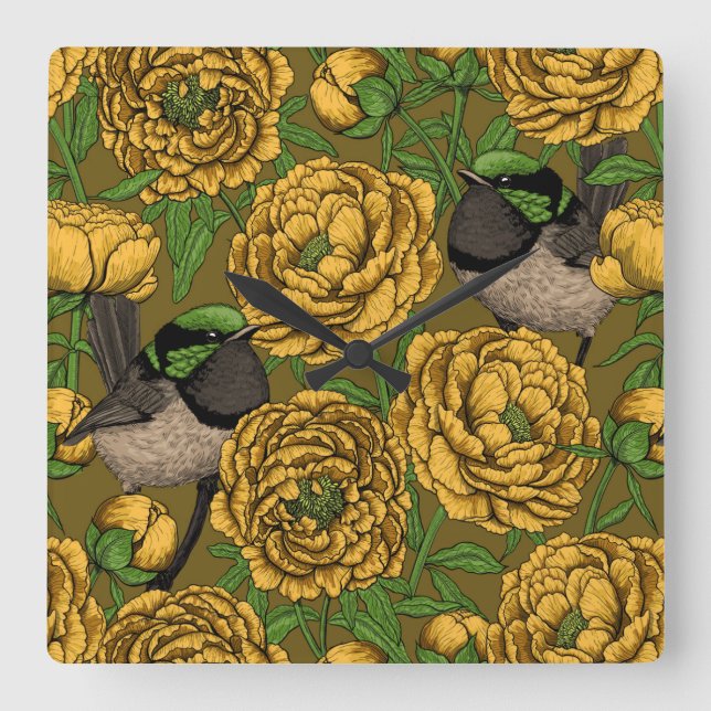 Peonies und Warnen Quadratische Wanduhr (Vorderseite)