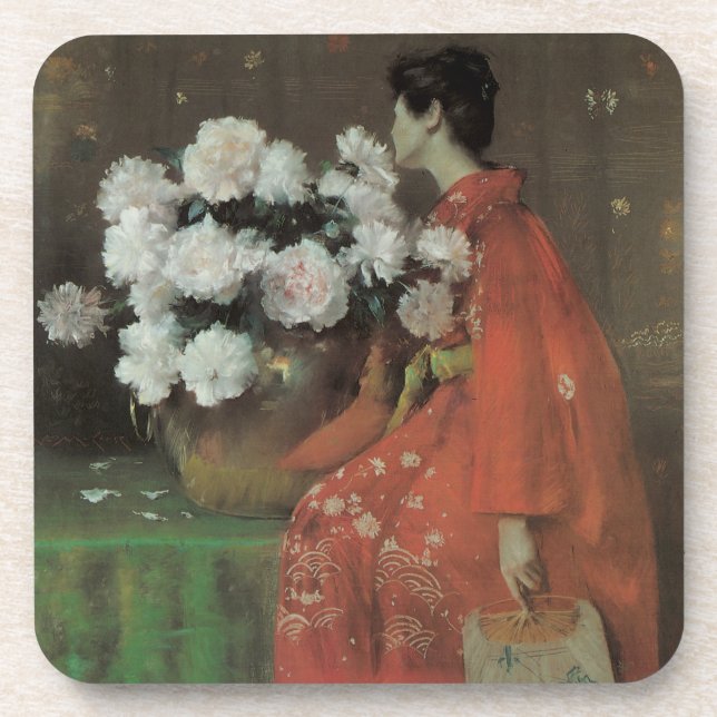 Peonies von William Merritt Chase, Vintage Kunst Getränkeuntersetzer (Vorderseite)