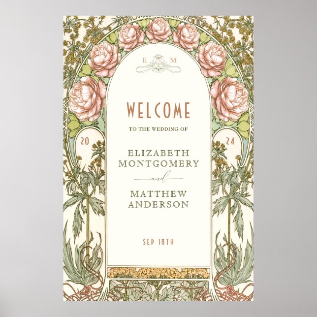 Peonies Welcome Sign Wedding Vintage Art Nouveau Poster (Vorne)