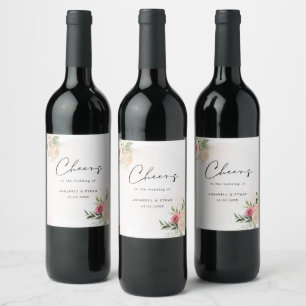 Peony and Gold Bloom Cheers Wedding Wine Label Weinetikett