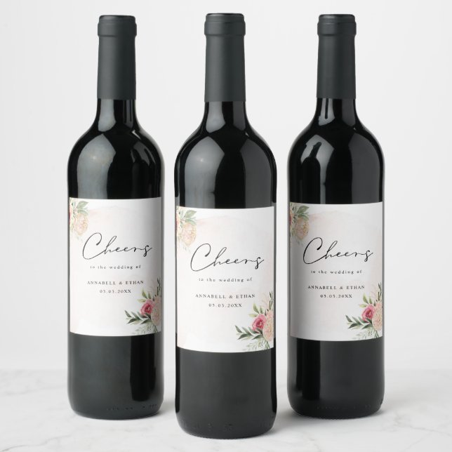 Peony and Gold Bloom Cheers Wedding Wine Label Weinetikett (Flaschen)