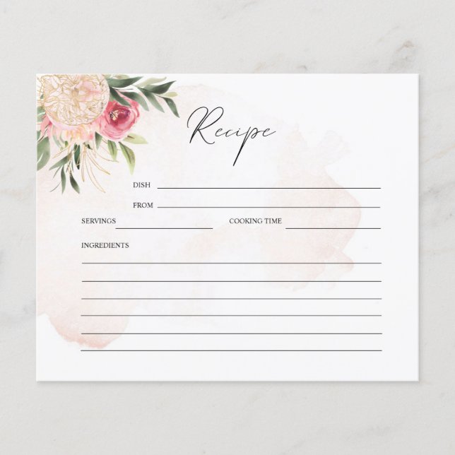 Peony and Gold Blume Brautparty Rezept Card (Vorderseite)