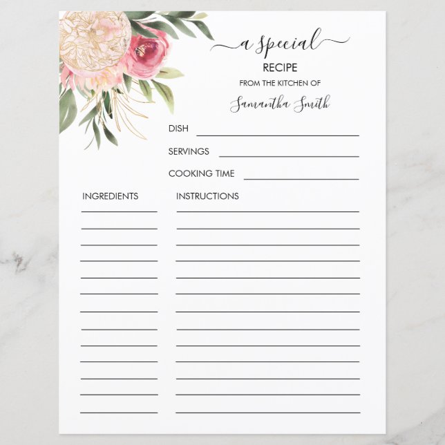 Peony and Gold Blume Name Rezept Card (Vorderseite)